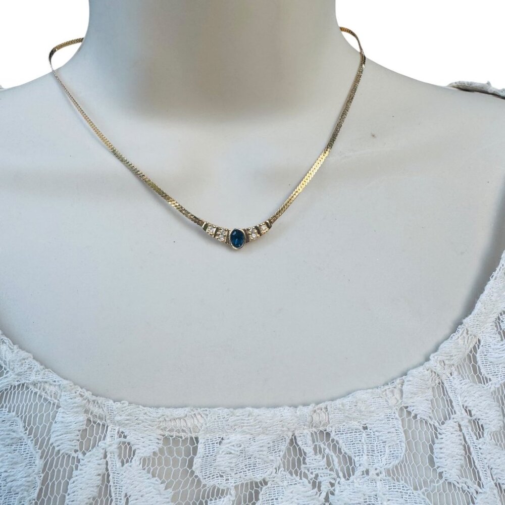 Vintage Avon 80s Blue Sapphire & Rhinestones Gold-Tone Choker Necklace - Picture 7 of 9